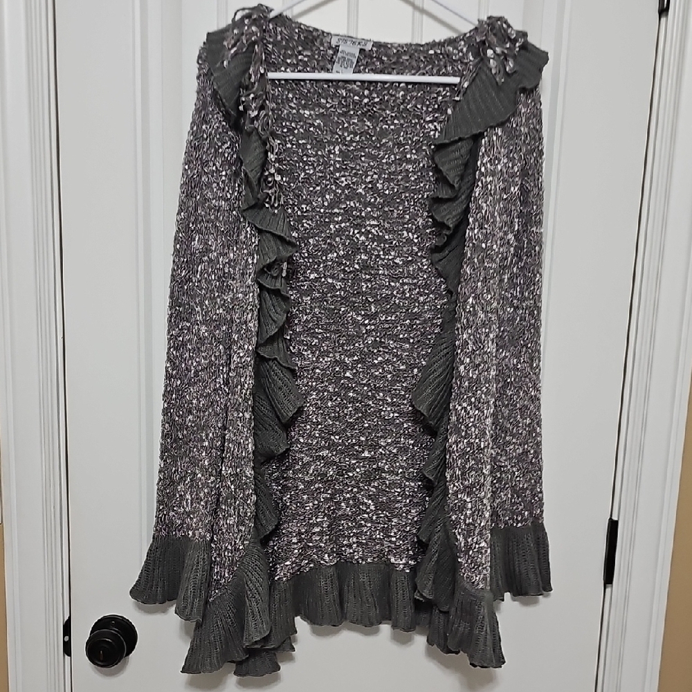 Gray Ruffled Cardigan Sweater with Open Front